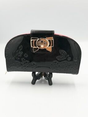 Patent Black Floral-Embossed Women's Clutch Wallet with Gold Turn-Lock